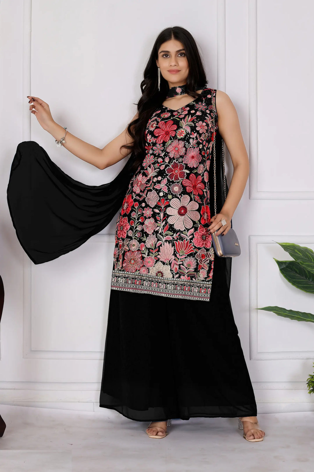 Black Georgette Palazzo Salwar Suit With Sequence Embroidery Work - qivii