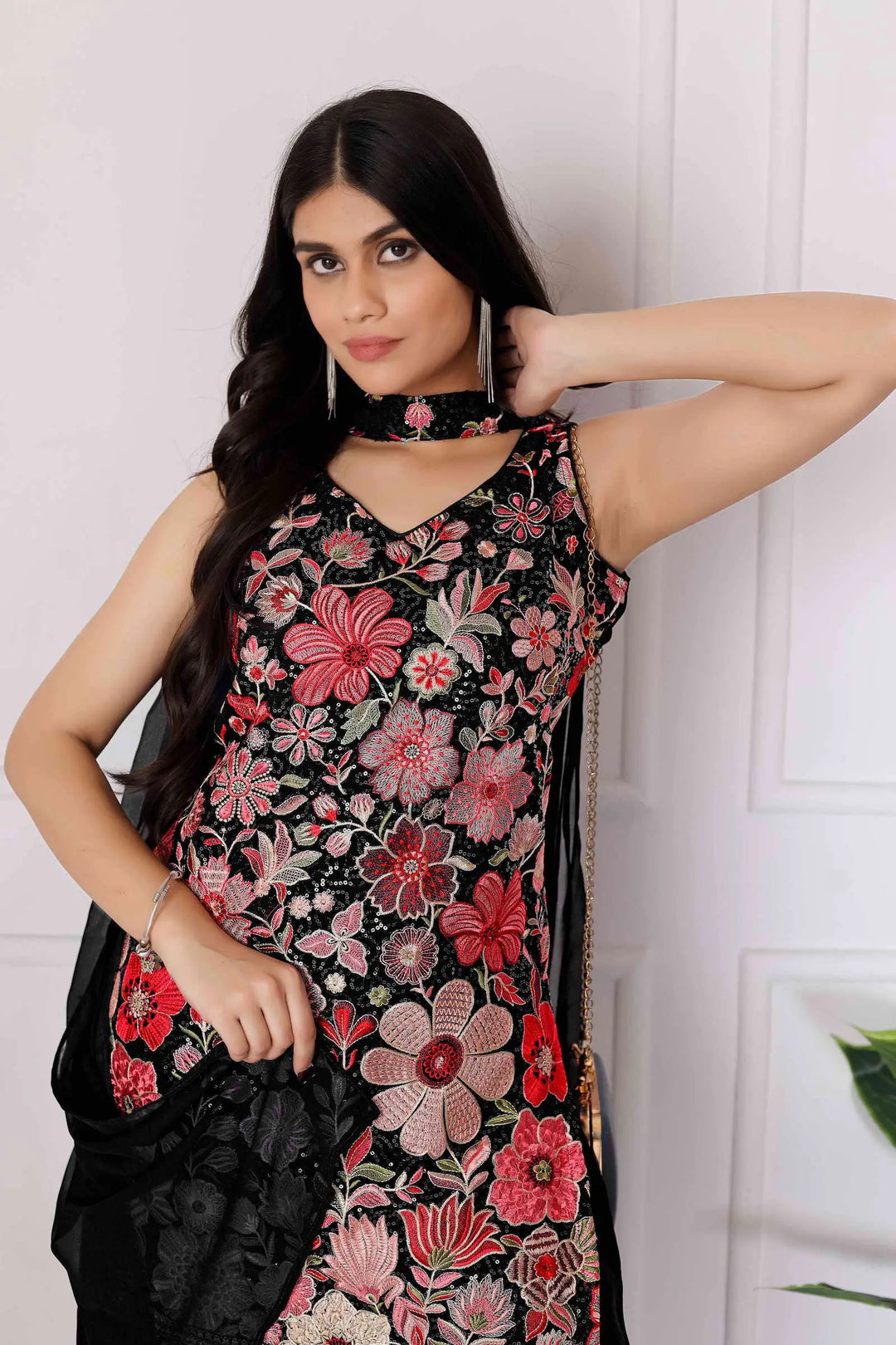 Black Georgette Palazzo Salwar Suit With Sequence Embroidery Work - qivii