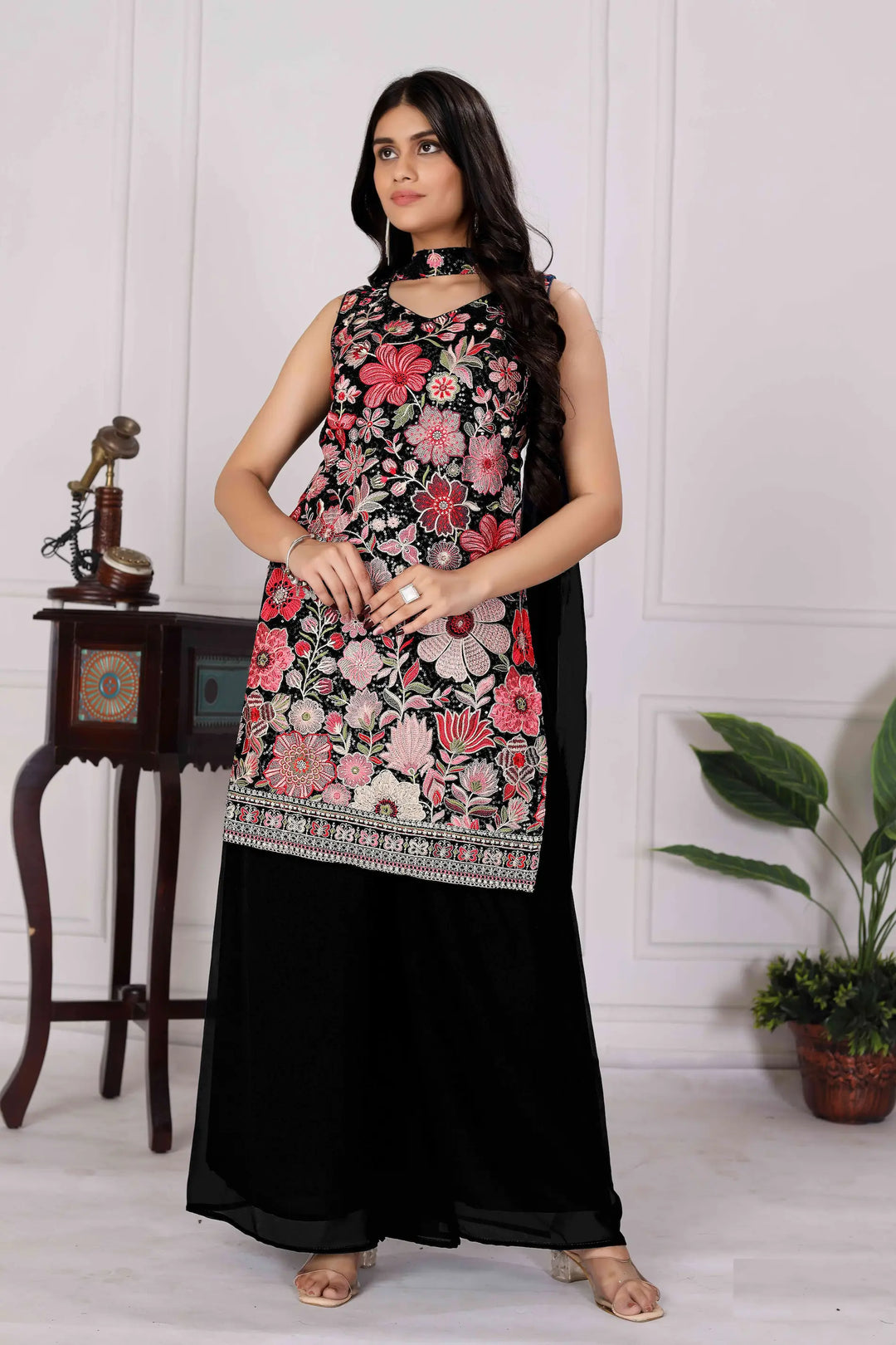 Black Georgette Palazzo Salwar Suit With Sequence Embroidery Work - qivii