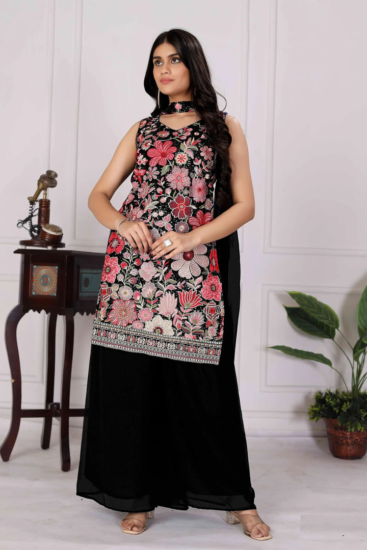 Black Georgette Palazzo Salwar Suit With Sequence Embroidery Work - qivii