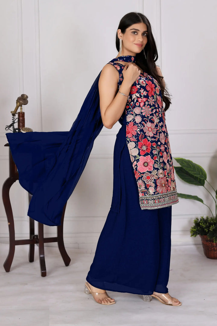 Dark Blue Georgette Palazzo Salwar Suit With Sequence Embroidery Work - qivii