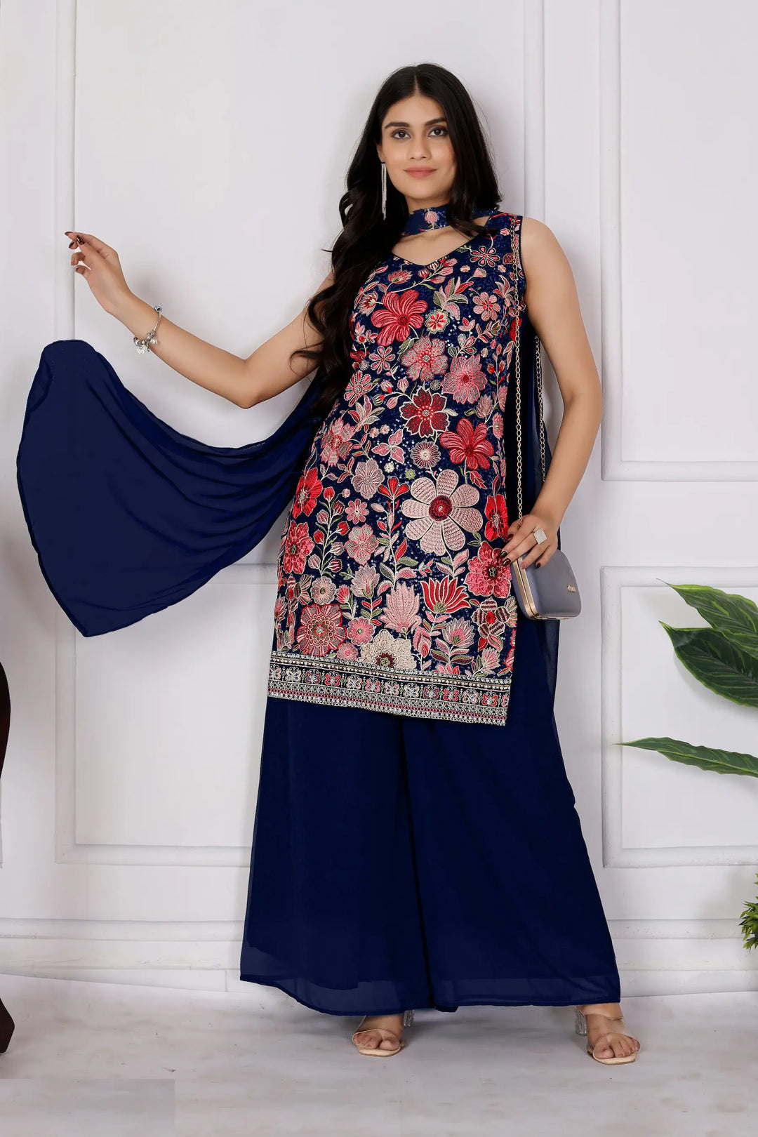 Dark Blue Georgette Palazzo Salwar Suit With Sequence Embroidery Work - qivii