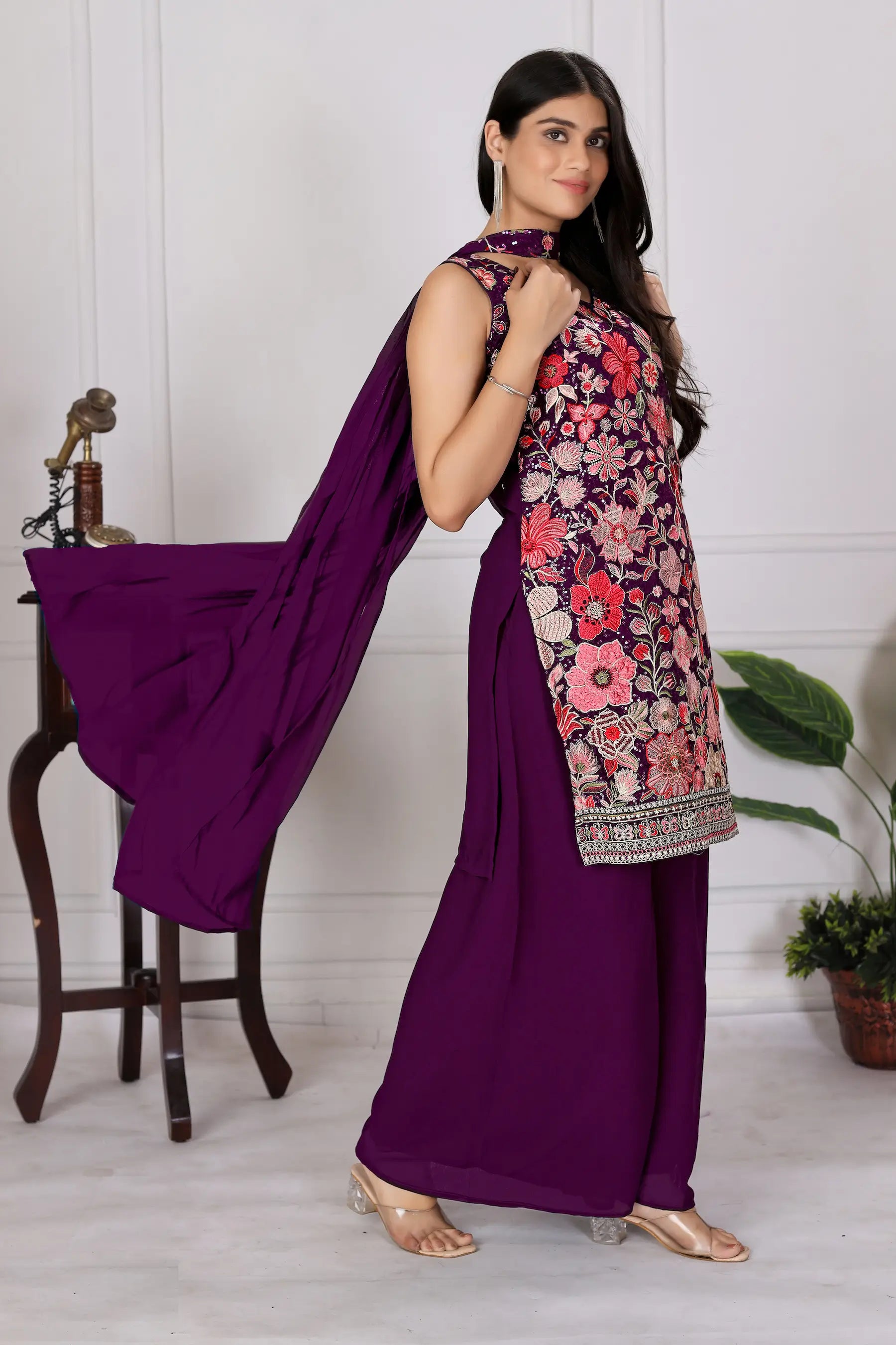 Dark Purple Georgette Palazzo Salwar Suit With Sequence Embroidery Work