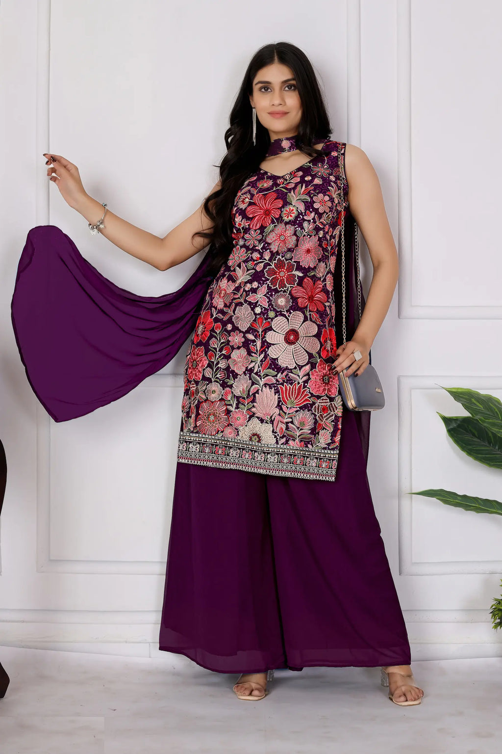 Dark Purple Georgette Palazzo Salwar Suit With Sequence Embroidery Work