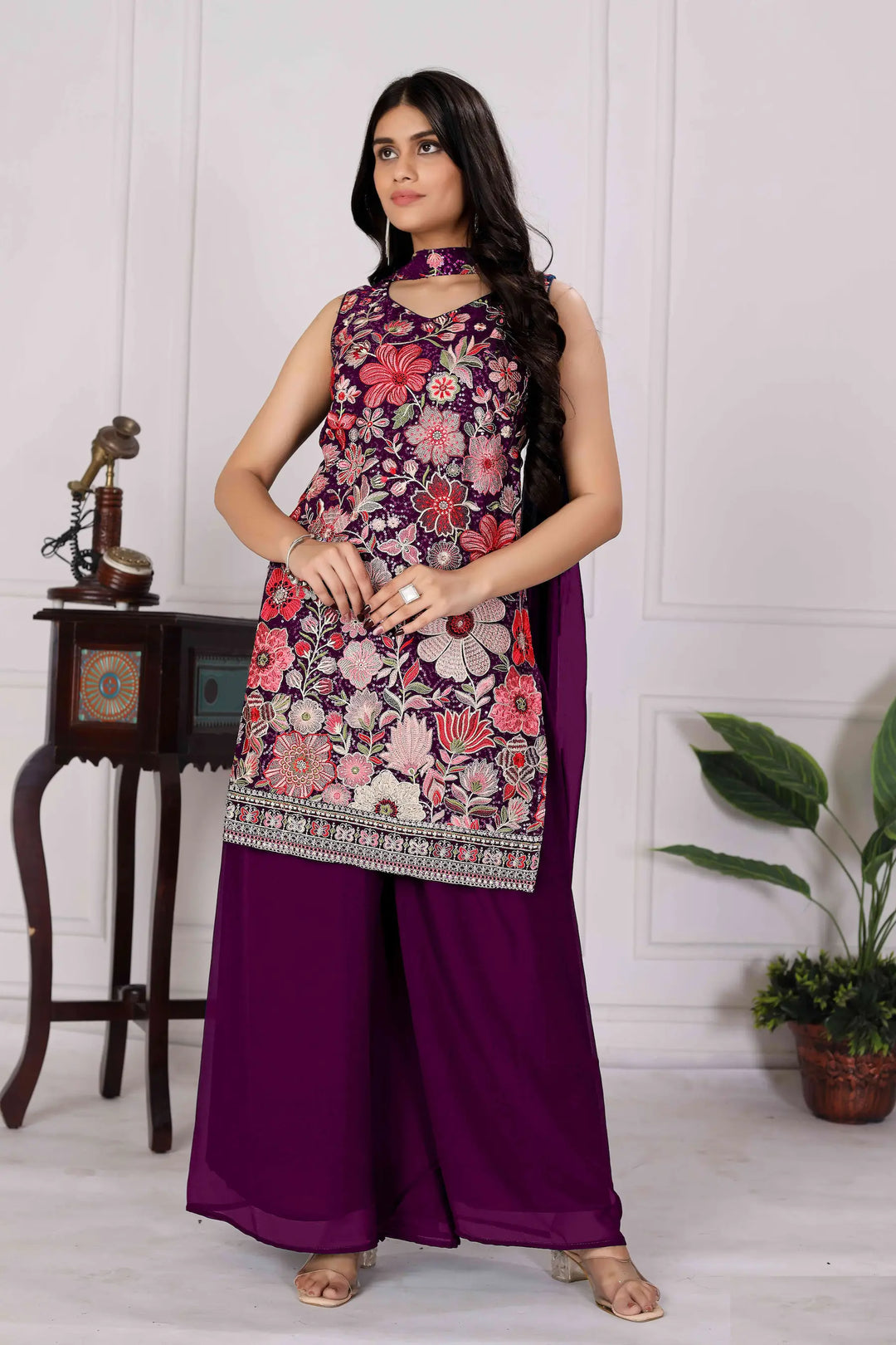 Dark Purple Georgette Palazzo Salwar Suit With Sequence Embroidery Work - qivii