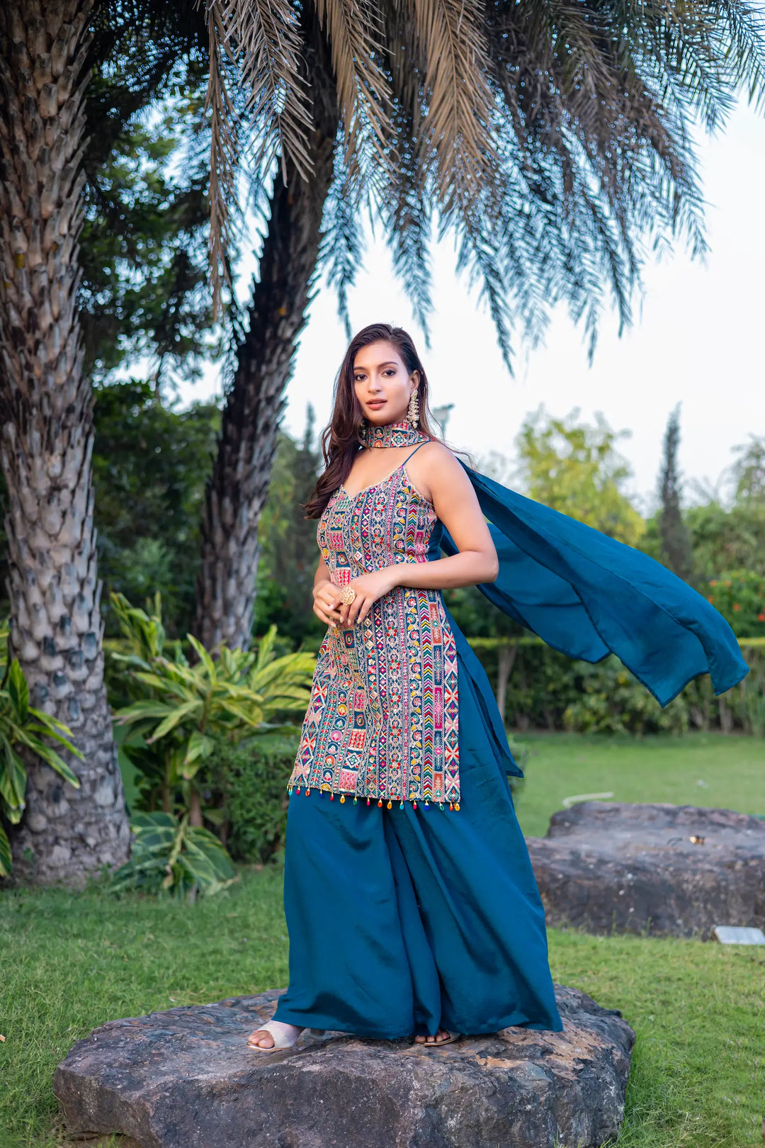 Blue Chinon Sequence Embroidery Work Palazzo Salwar Suit - qivii