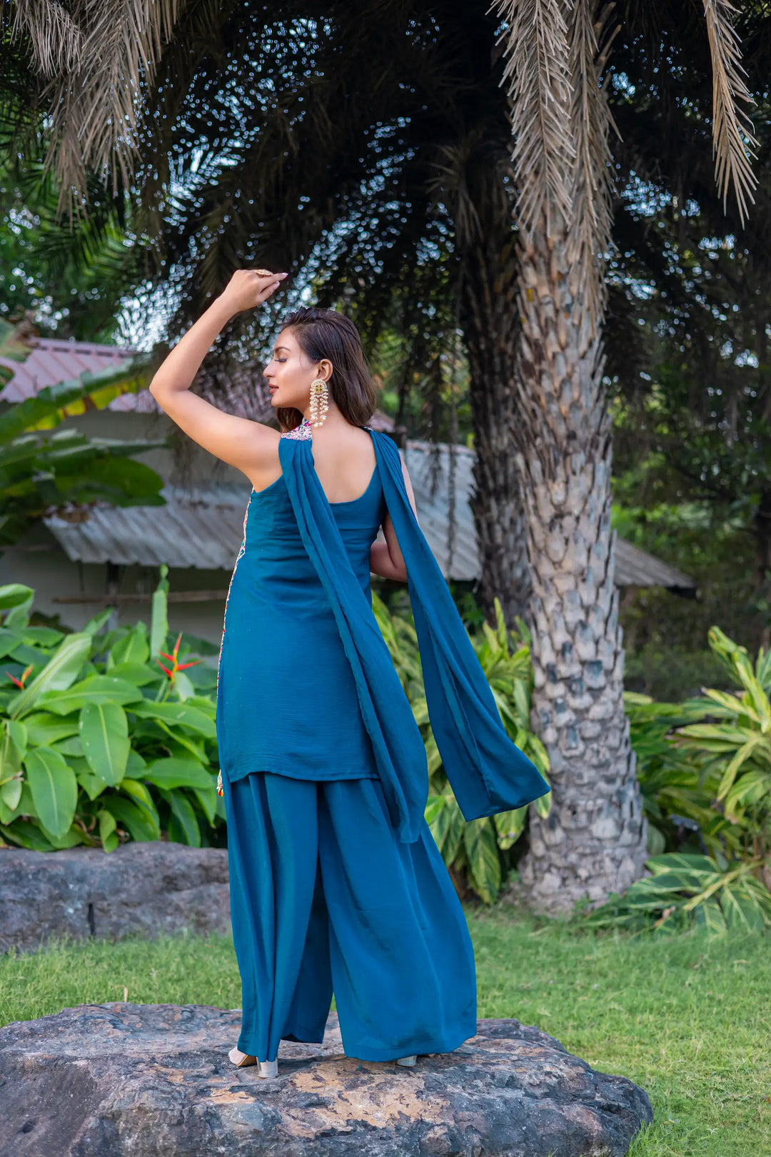 Blue Chinon Sequence Embroidery Work Palazzo Salwar Suit - qivii