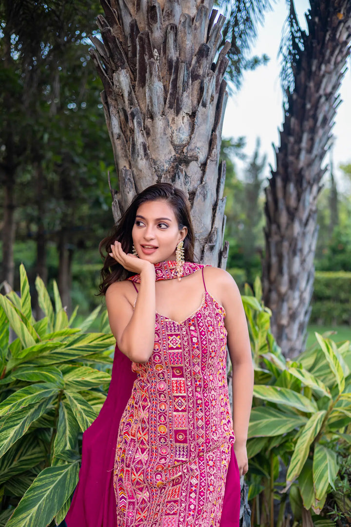 Pink Chinon Sequence Embroidery Work Palazzo Salwar Suit - qivii