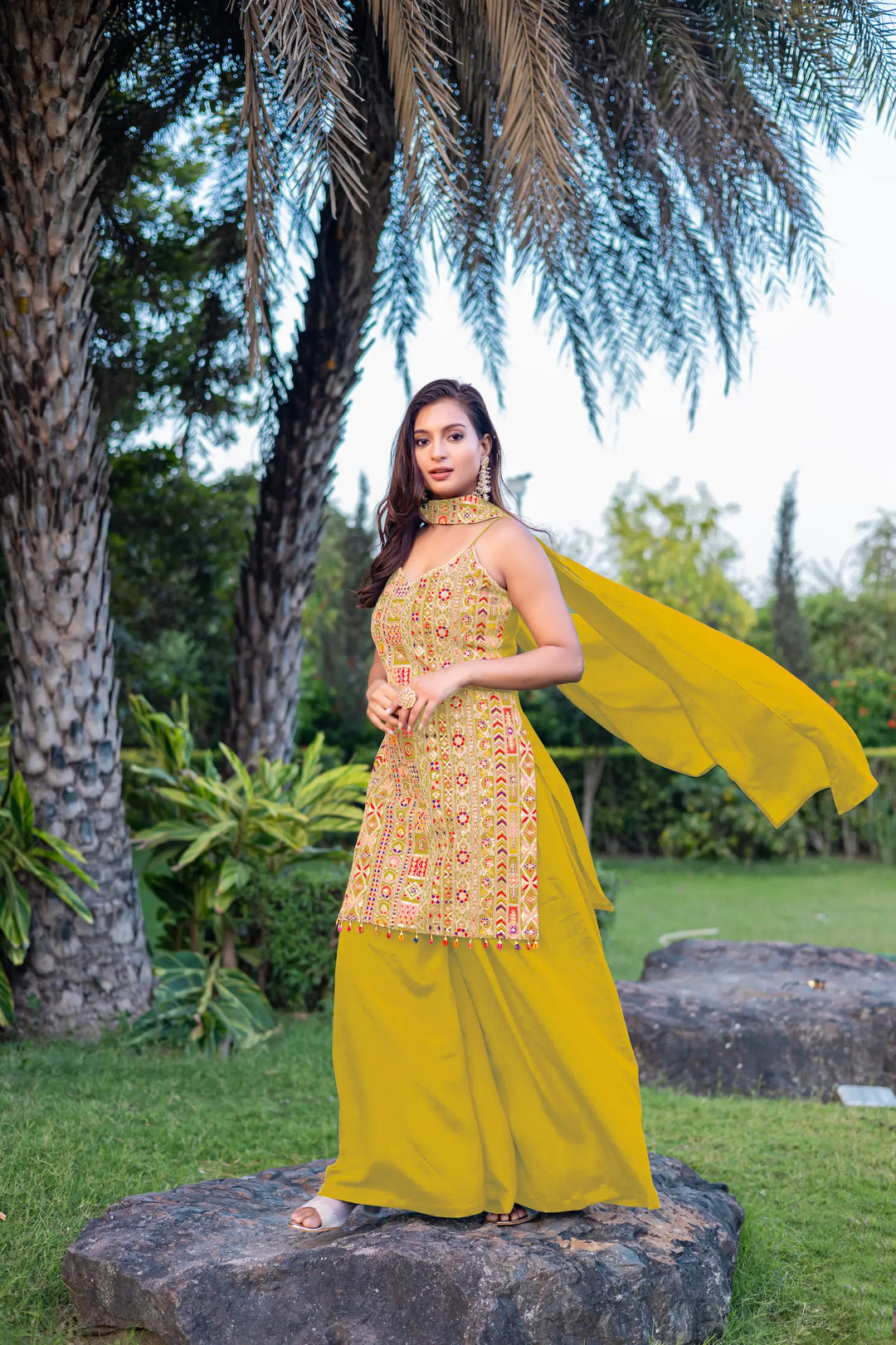 Yellow Chinon Sequence Embroidery Work Palazzo Salwar Suit - qivii