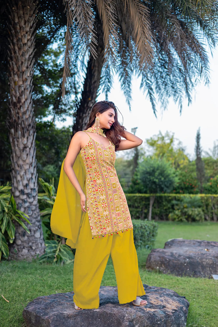Yellow Chinon Sequence Embroidery Work Palazzo Salwar Suit - qivii