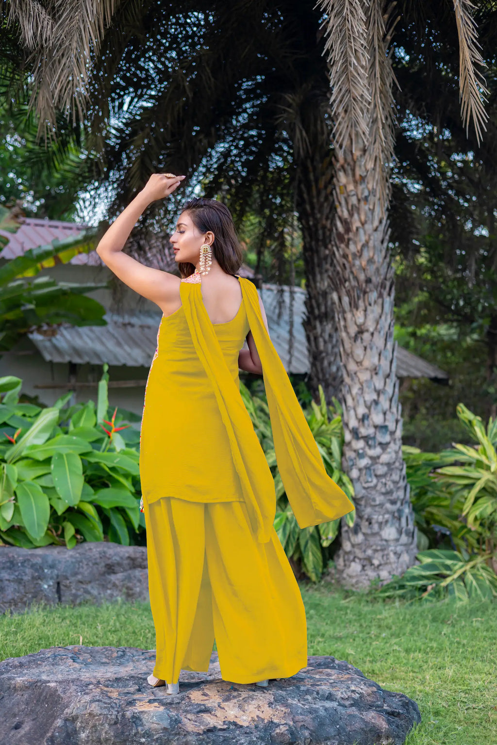 Yellow Chinon Sequence Embroidery Work Palazzo Salwar Suit