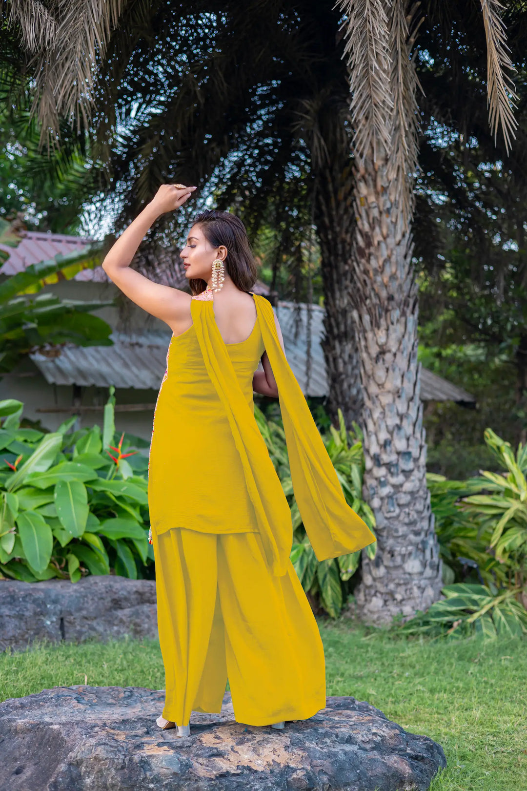 Yellow Chinon Sequence Embroidery Work Palazzo Salwar Suit - qivii