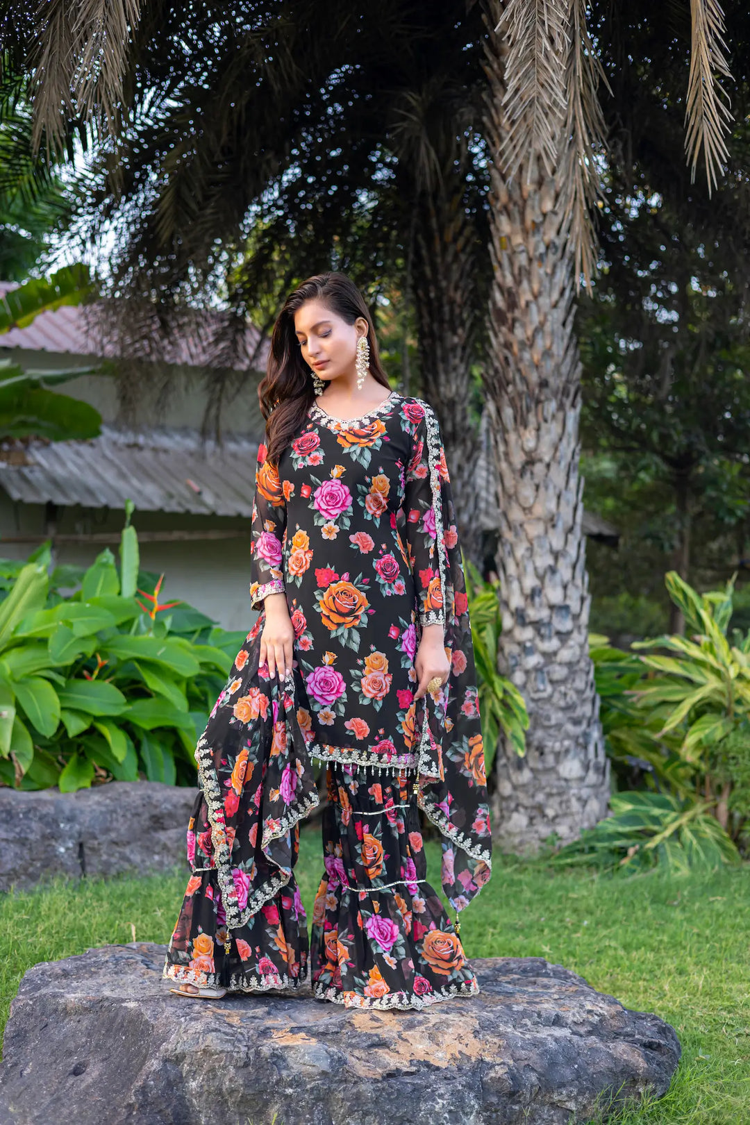 Black Georgette Palazzo Salwar Suit With Floral Print & Embroidery Work - qivii