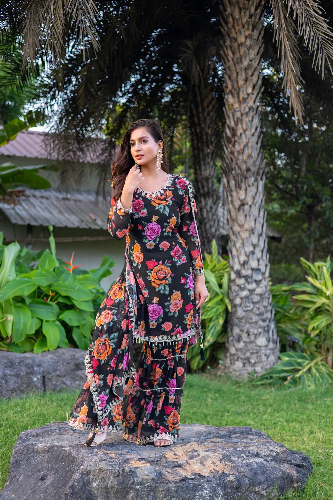 Black Georgette Palazzo Salwar Suit With Floral Print & Embroidery Work - qivii