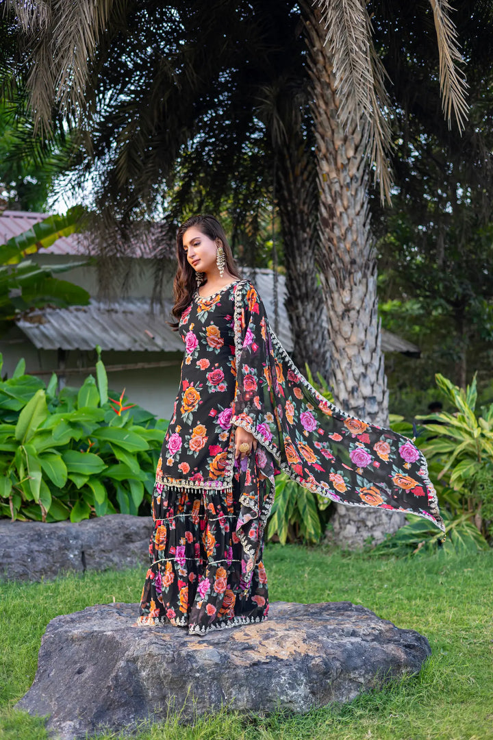 Black Georgette Palazzo Salwar Suit With Floral Print & Embroidery Work - qivii