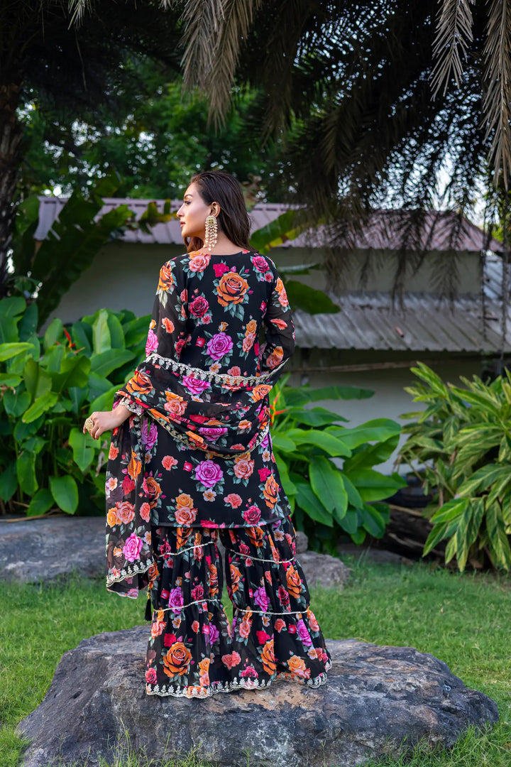 Black Georgette Palazzo Salwar Suit With Floral Print & Embroidery Work - qivii