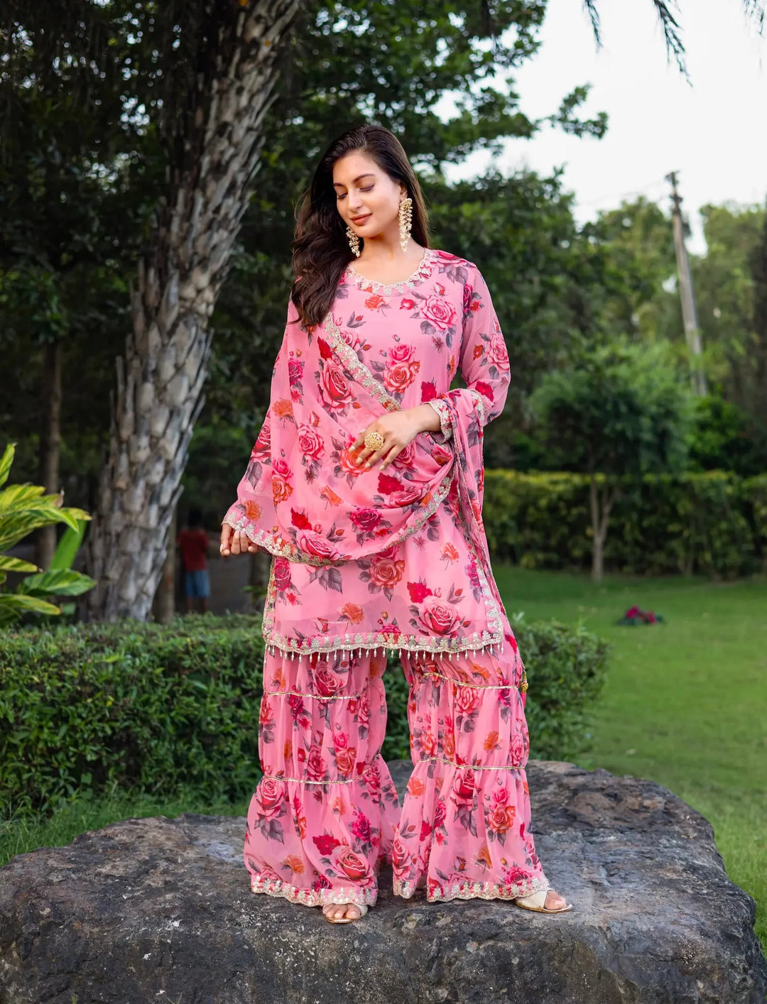 Light Pink Georgette Palazzo Salwar Suit With Floral Print & Embroidery Work - qivii