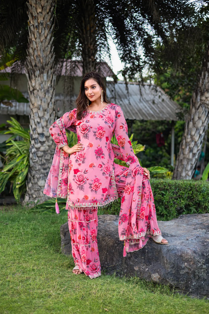 Light Pink Georgette Palazzo Salwar Suit With Floral Print & Embroidery Work - qivii