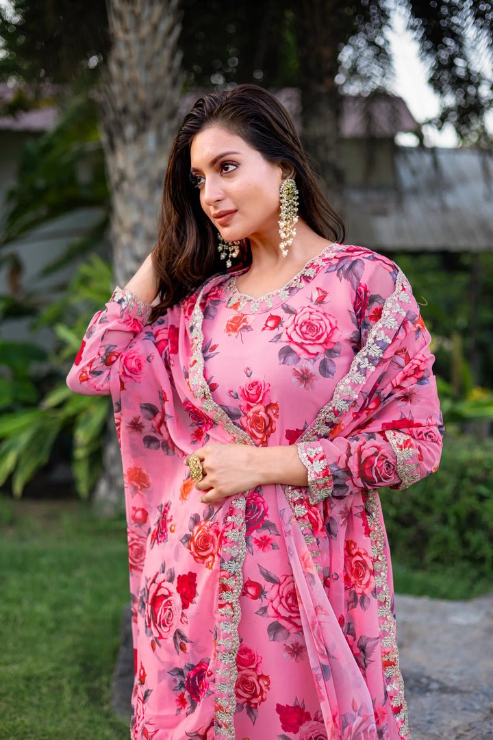 Light Pink Georgette Palazzo Salwar Suit With Floral Print & Embroidery Work - qivii