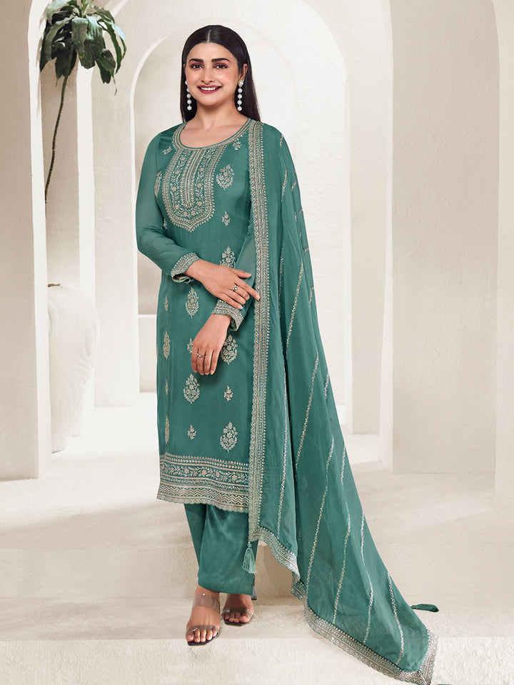 Turquoise Lucknowi Thread and Sequins Embroidery Kurta Suit Set - qivii