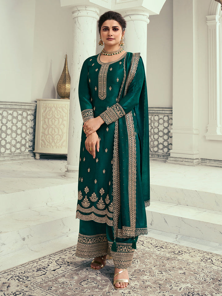 Bottle Green Designer Top Adorned with Exquisite Embroidered Palazzo Suit Set - qivii