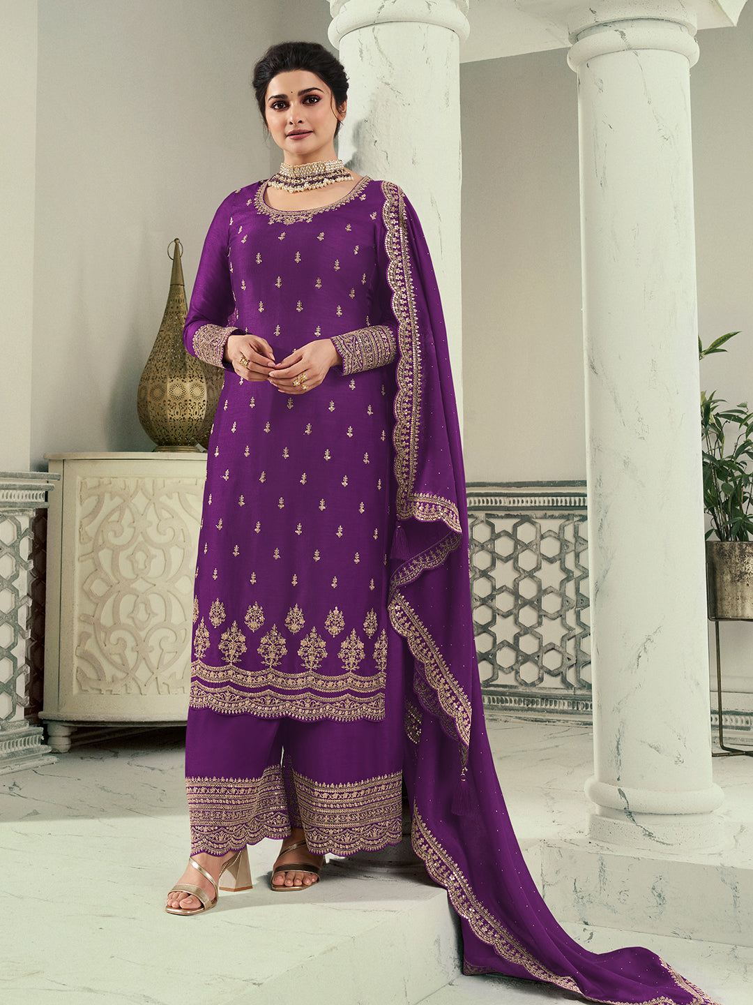 Purple Designer Top Adorned with Exquisite Embroidered Palazzo Suit Set - qivii