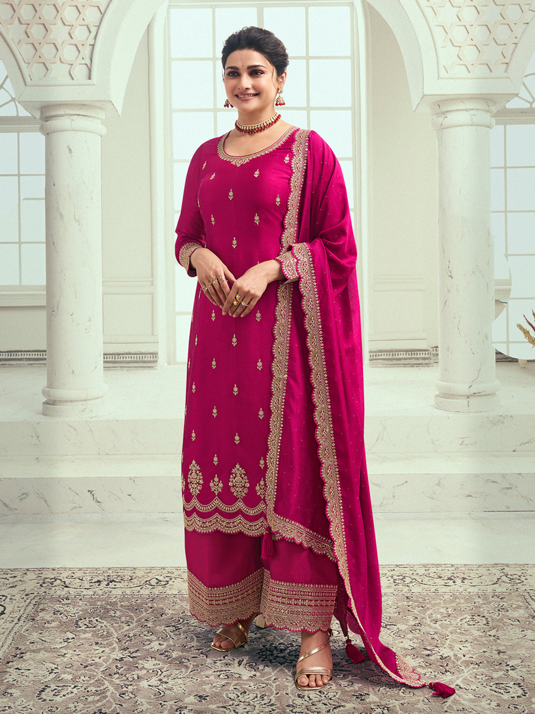 Rani Pink Designer Top Adorned with Exquisite Embroidered Palazzo Suit Set - qivii
