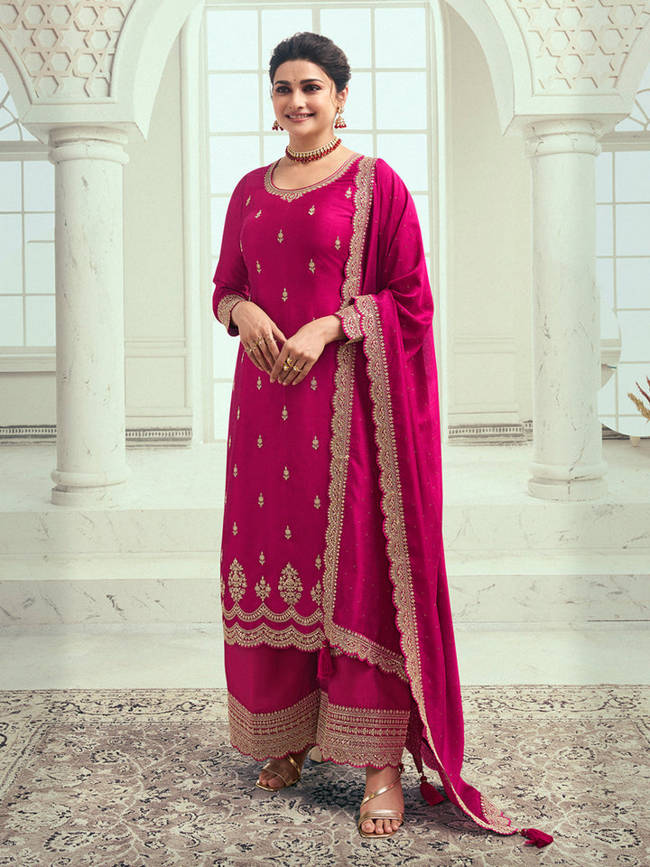 Rani Pink Designer Top Adorned with Exquisite Embroidered Palazzo Suit Set - qivii