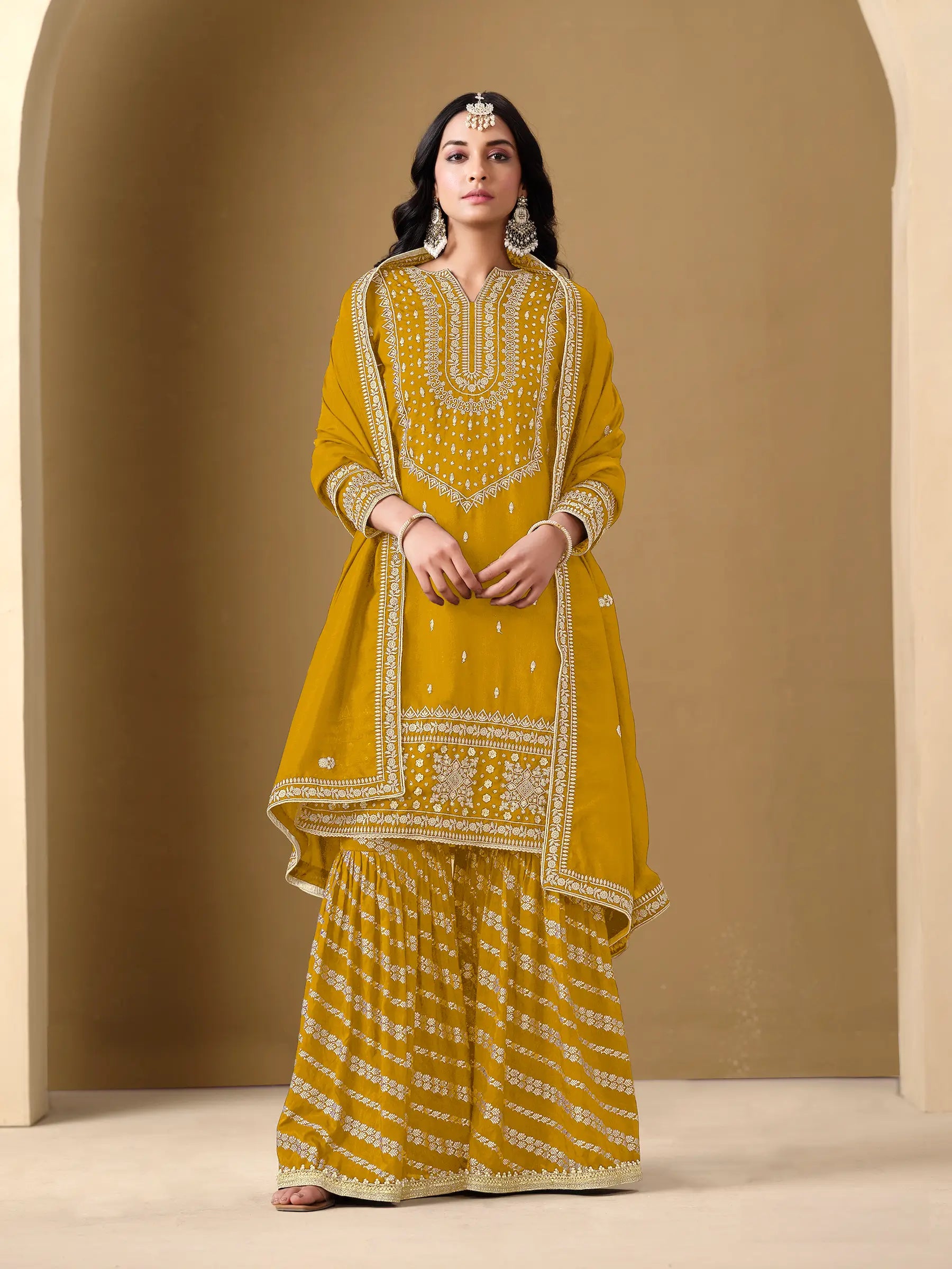 Yellow Art Silk Sharara Suit With Thread & Sequins Embroidery Work