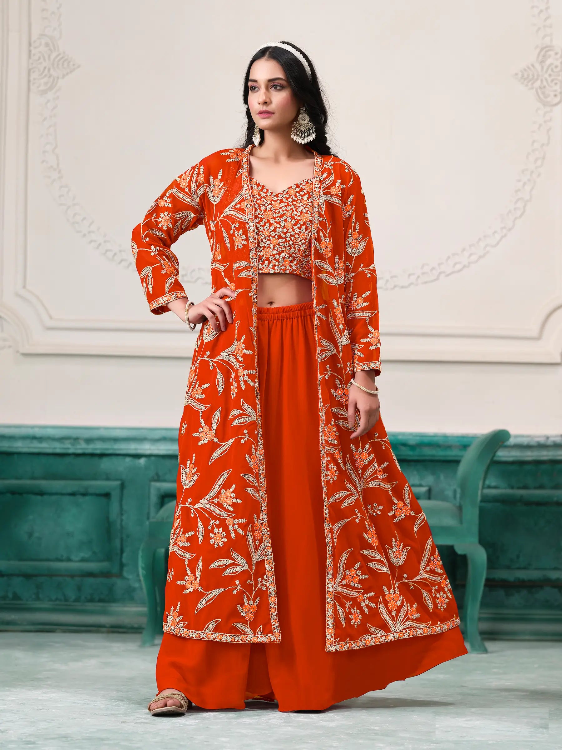 Orange Georgette Indo Western Set With Thread & Sequins Embroidery Work
