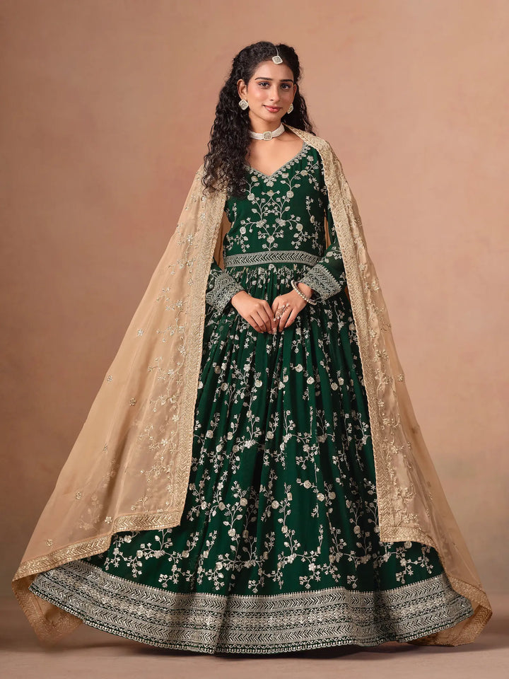 Green Georgette Embroidery Gown With Organza Dupatta - qivii