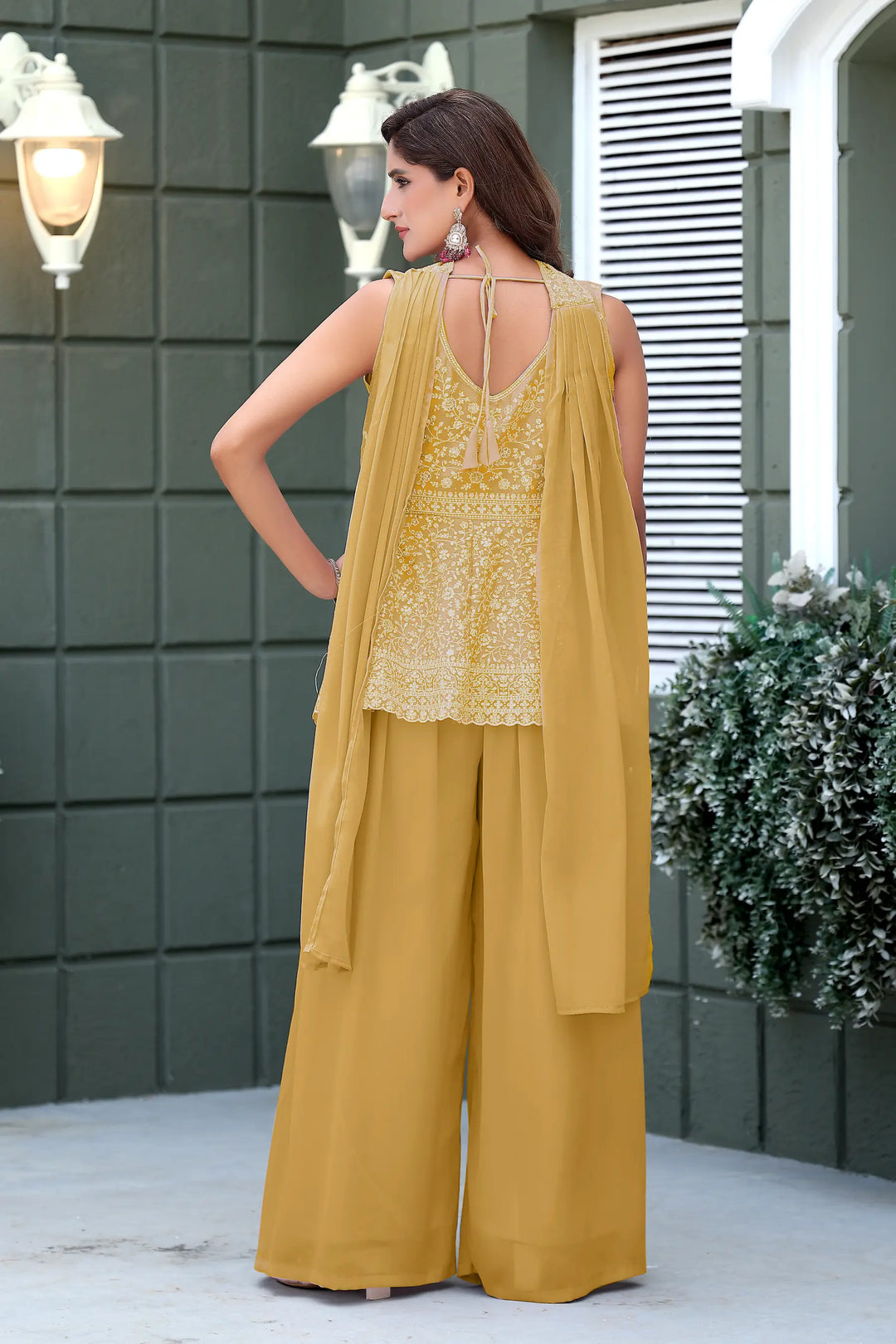 Yellow Star Georgette Embroidery Palazzo Suit - qivii
