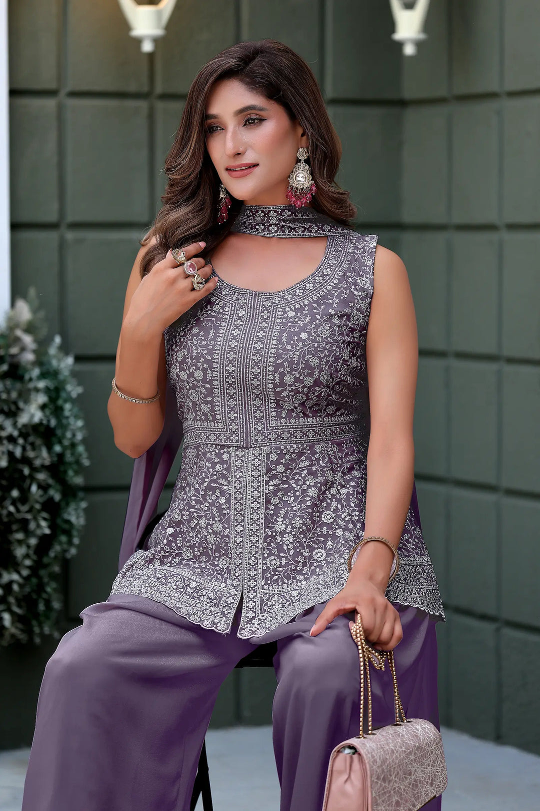 Lavender Star Georgette Embroidery Palazzo Suit - qivii