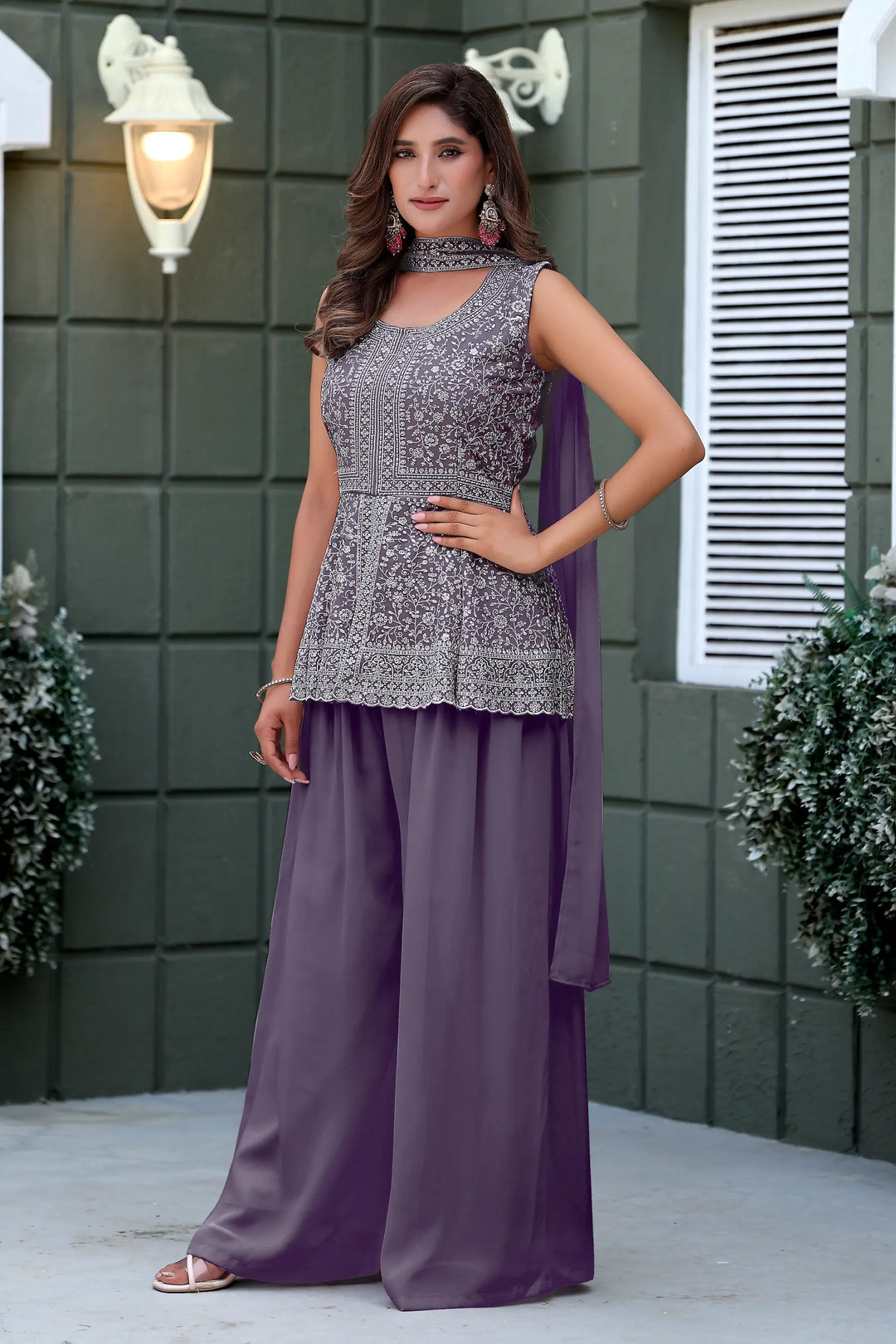Lavender Star Georgette Embroidery Palazzo Suit - qivii