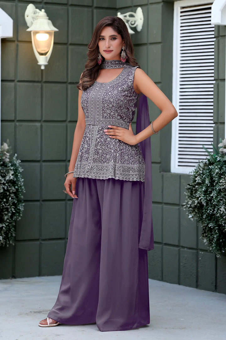 Lavender Star Georgette Embroidery Palazzo Suit - qivii