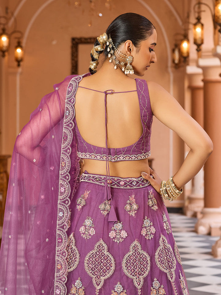 LAVENDER - Net Fabric Sequins embroidery Semi-Stitched Lehenga & Unstitched Blouse With Dupatta