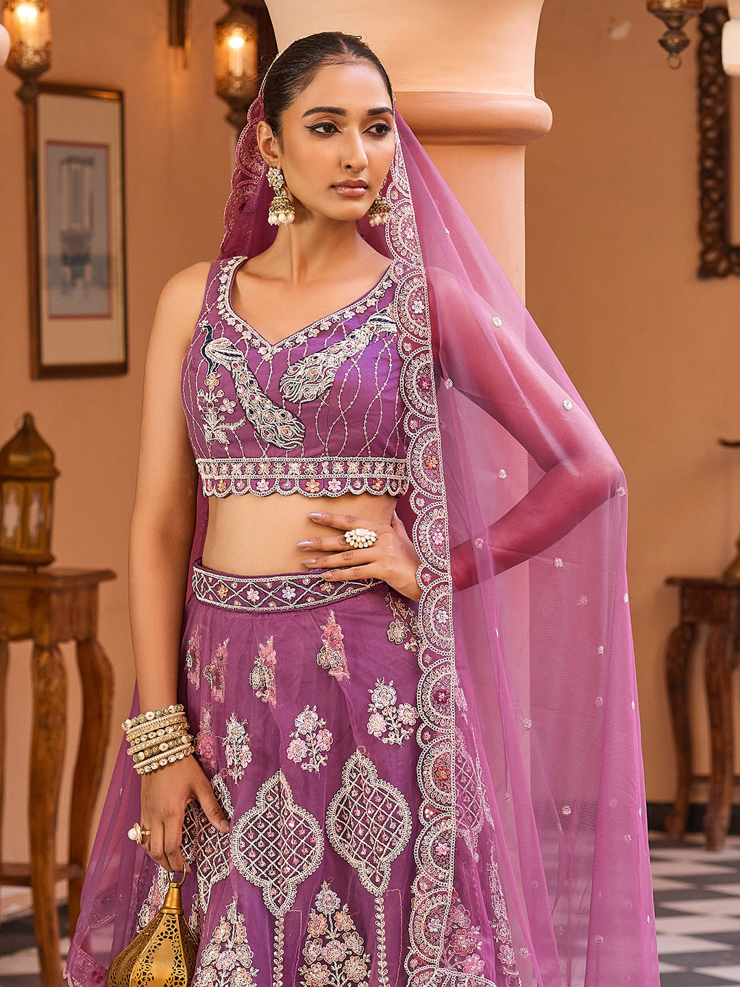 LAVENDER - Net Fabric Sequins embroidery Semi-Stitched Lehenga & Unstitched Blouse With Dupatta