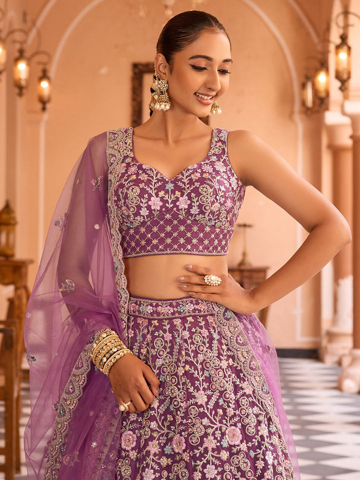 BURGUNDY - Net Fabric Sequins embroidery Semi-Stitched Lehenga & Unstitched Blouse With Dupatta