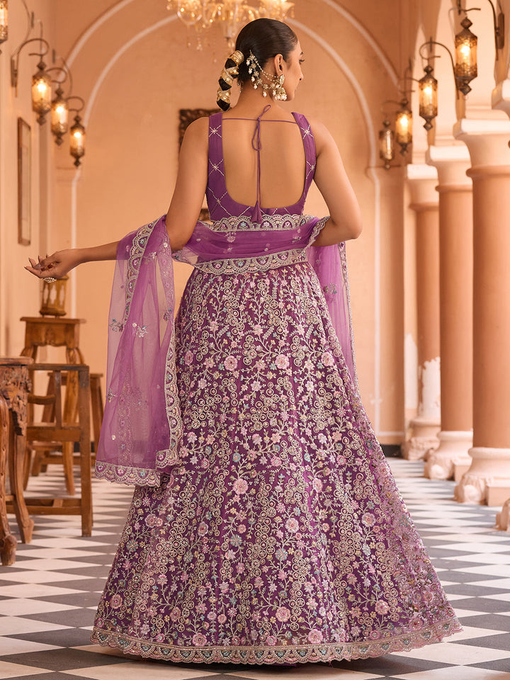 BURGUNDY - Net Fabric Sequins embroidery Semi-Stitched Lehenga & Unstitched Blouse With Dupatta