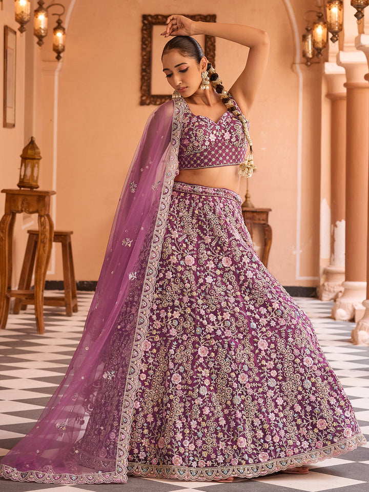 BURGUNDY - Net Fabric Sequins embroidery Semi-Stitched Lehenga & Unstitched Blouse With Dupatta