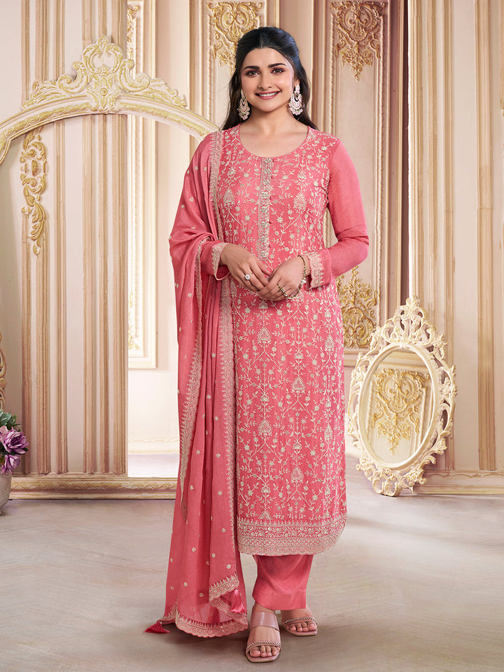 Peach White Thread Embroidered Kurta Suit Set - qivii