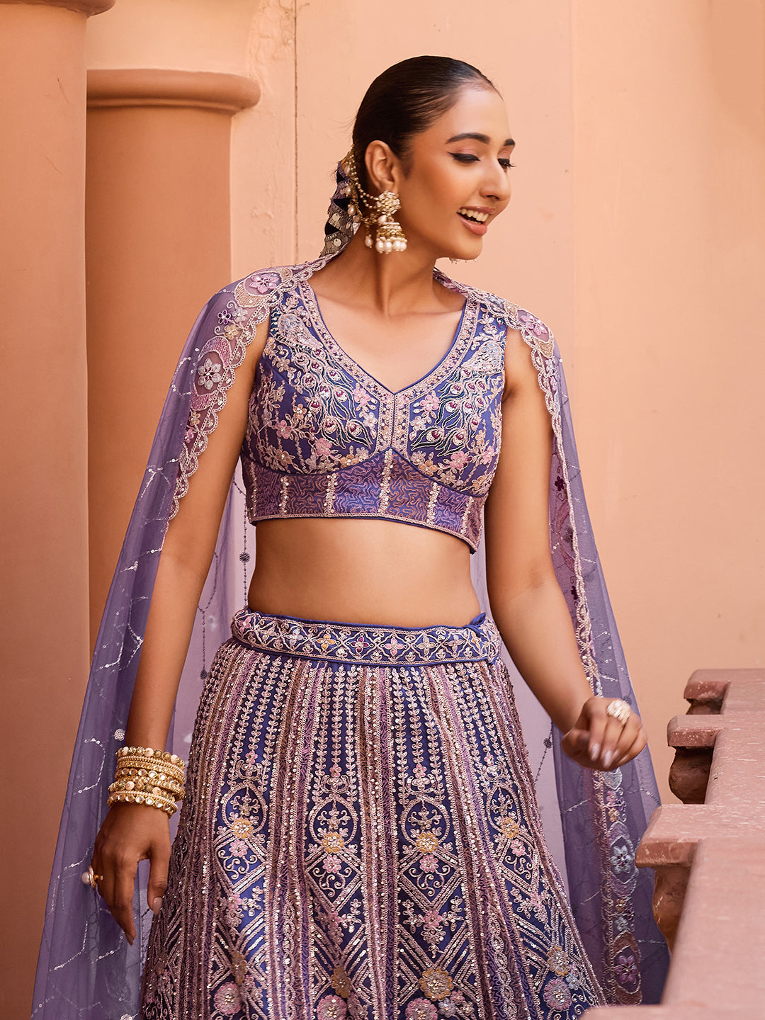 PURPLE - Net Fabric Sequins embroidery Semi-Stitched Lehenga & Unstitched Blouse With Dupatta