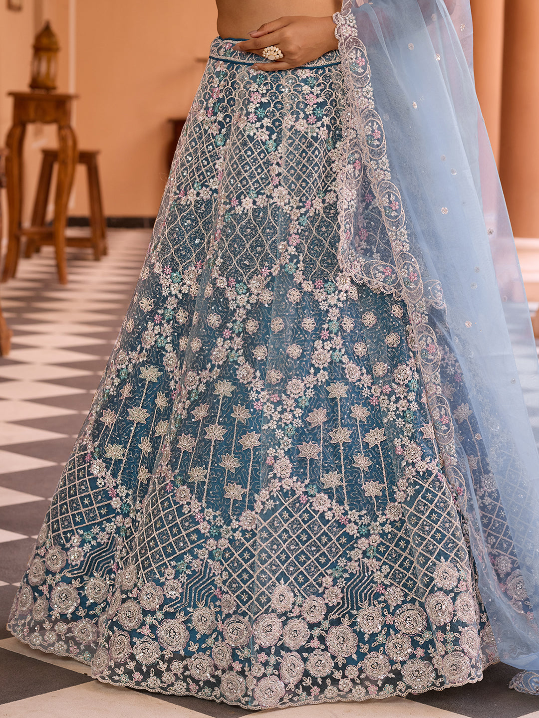 TEAL - Net Fabric Sequins embroidery Semi-Stitched Lehenga & Unstitched Blouse With Dupatta