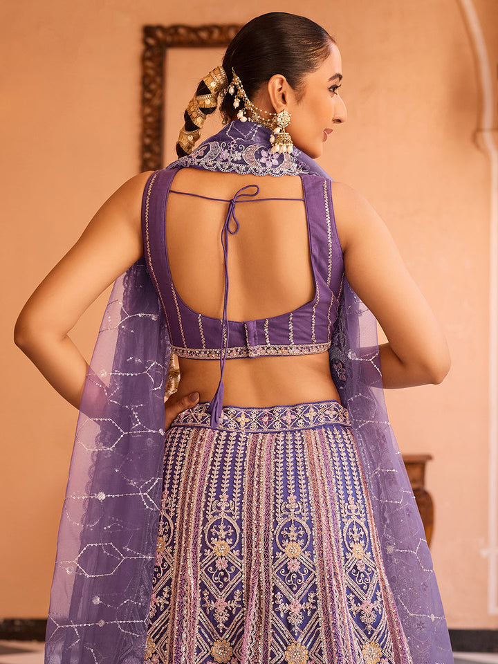 PURPLE - Net Fabric Sequins embroidery Semi-Stitched Lehenga & Unstitched Blouse With Dupatta