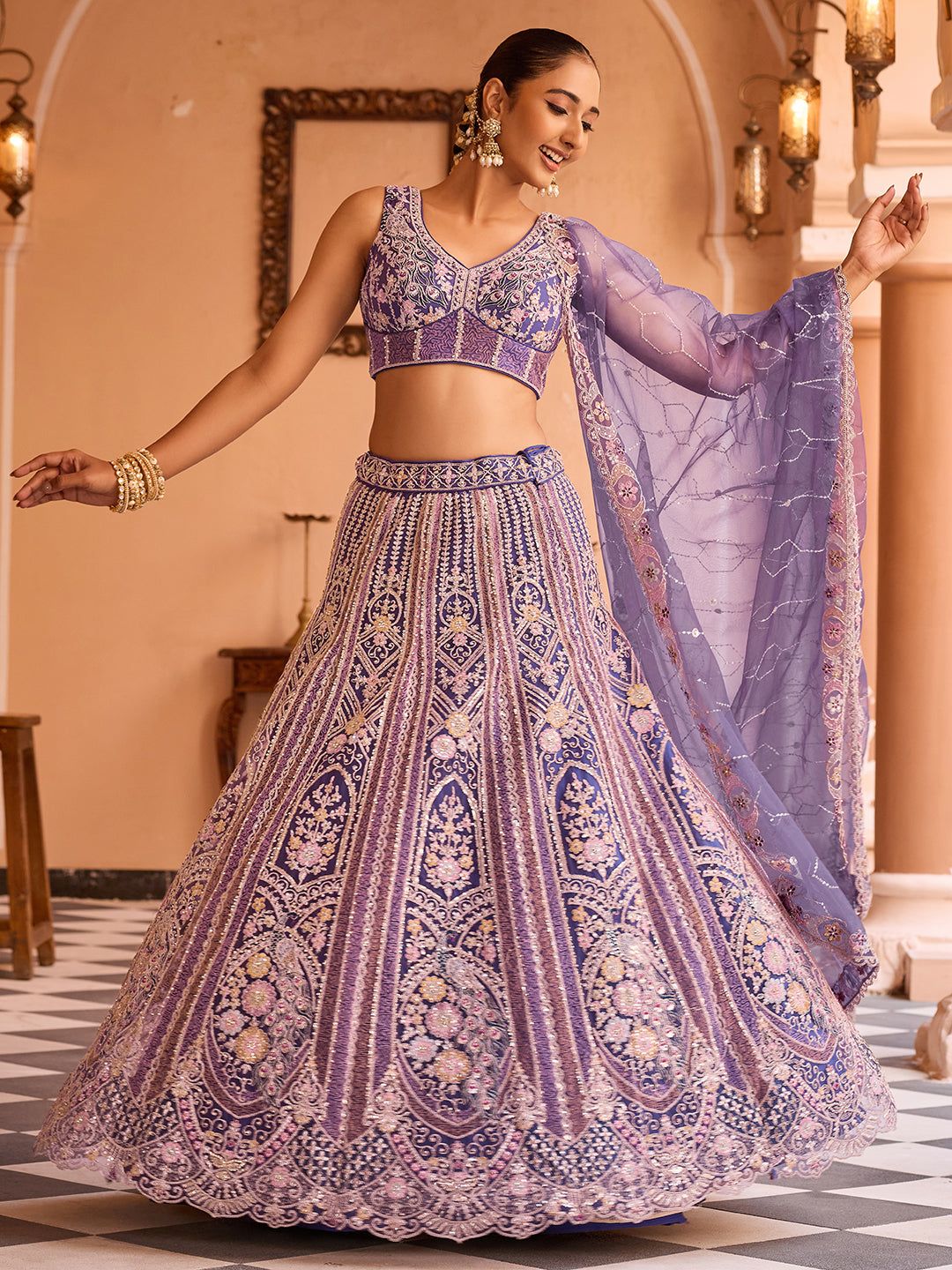 PURPLE - Net Fabric Sequins embroidery Semi-Stitched Lehenga & Unstitched Blouse With Dupatta