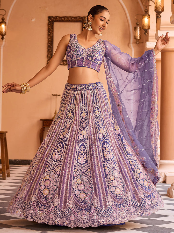 PURPLE - Net Fabric Sequins embroidery Semi-Stitched Lehenga & Unstitched Blouse With Dupatta