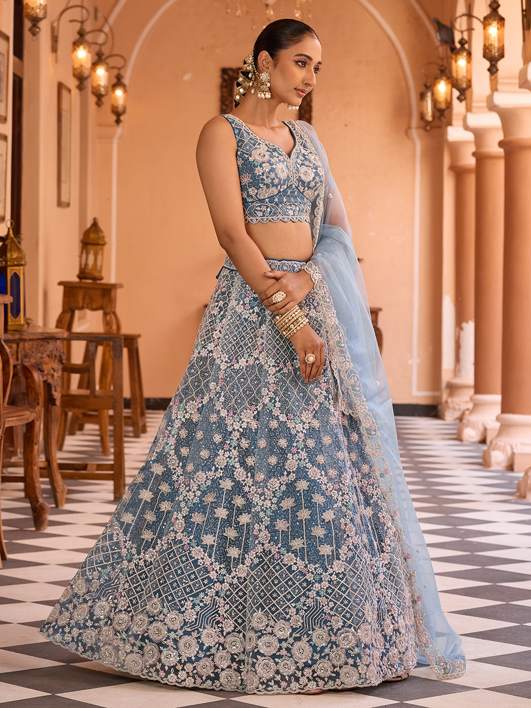 TEAL - Net Fabric Sequins embroidery Semi-Stitched Lehenga & Unstitched Blouse With Dupatta