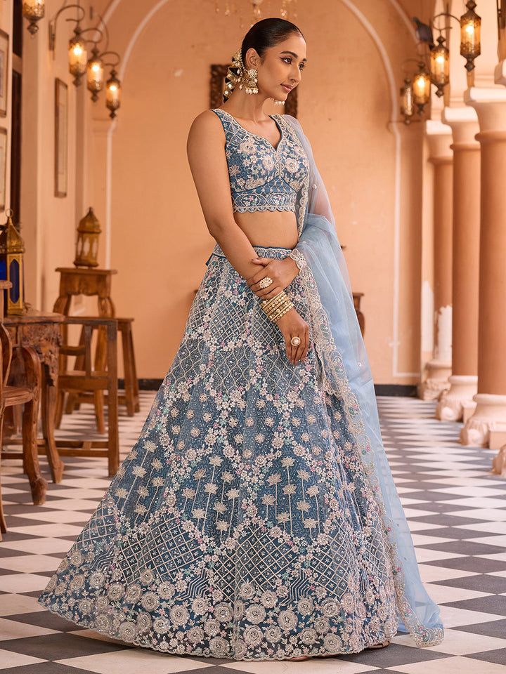 TEAL - Net Fabric Sequins embroidery Semi-Stitched Lehenga & Unstitched Blouse With Dupatta
