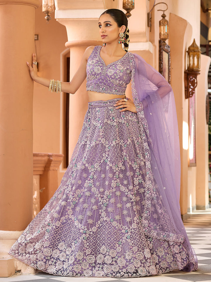 MAUVE - Net Fabric Sequins embroidery Semi-Stitched Lehenga & Unstitched Blouse With Dupatta