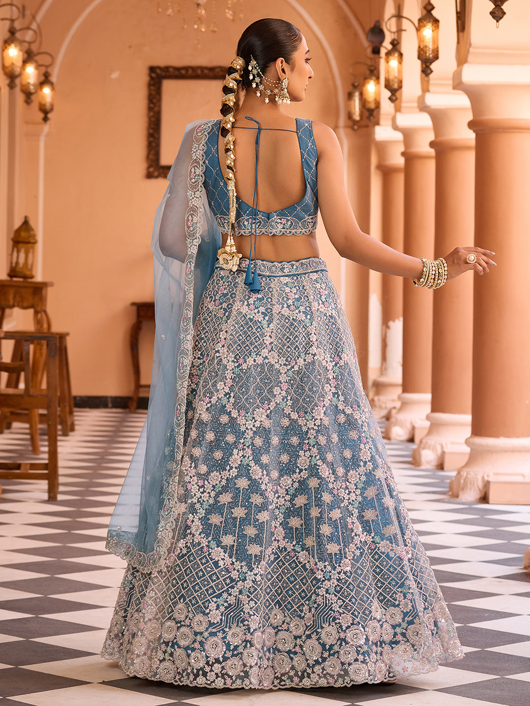 TEAL - Net Fabric Sequins embroidery Semi-Stitched Lehenga & Unstitched Blouse With Dupatta